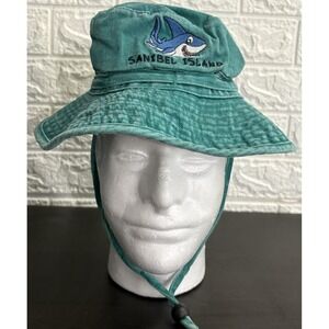 Sanibel Island Florida Kids Bucket Hat Faded Teal Green Shark Logo Beach‎ Wear